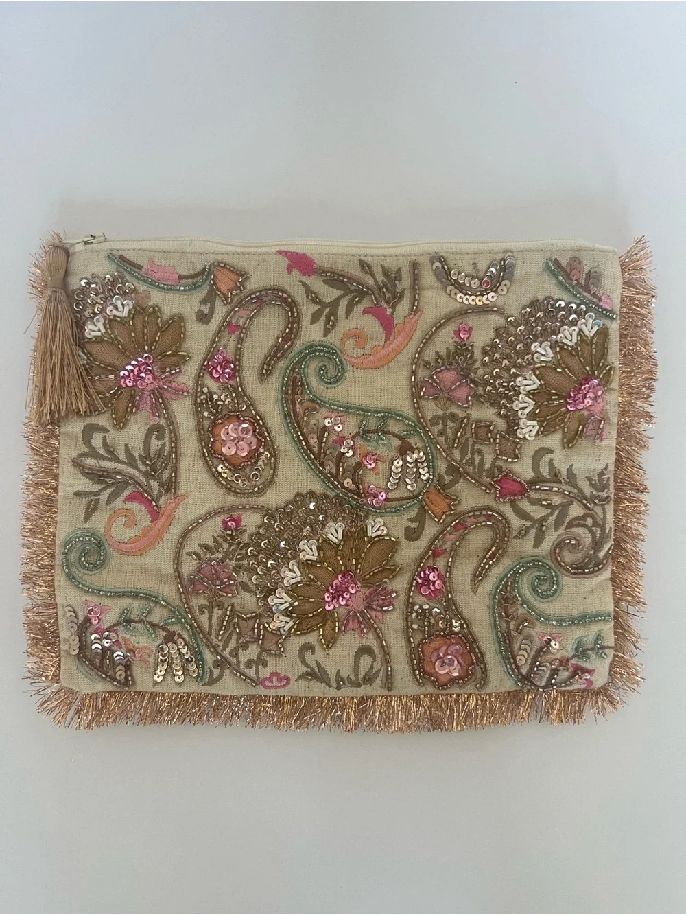 Hand-Beaded Embroidered Cotton & Linen Clutch | Made in India